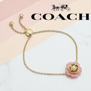 Coach Gold & Pink Resin Glittered Tea Rose Slider Bracelet NWOT MSRP: $115.00